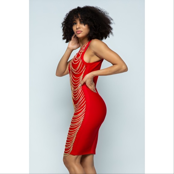 - Chain Detailed V-neck Bandage Dress - Picture 6 of 7